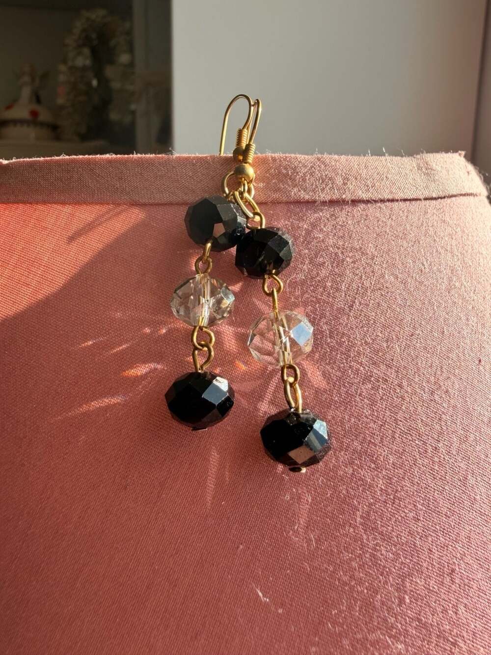 Vintage Style Black Glass & Clear Crystal Beaded Dangle Earrings Gold Brass Tone